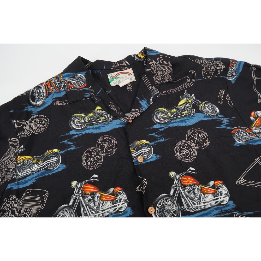 Vintage Paradise Found Mens XL Hawaiian Shirt Motorcycle Flames Print Black‎